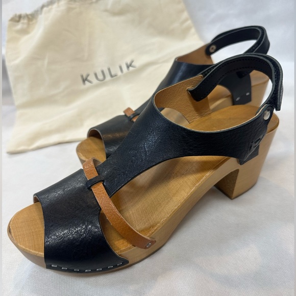 Kulik sandal clog, black w/brown accent leather & wooden sole size 40 EU / 9 US - Picture 4 of 9
